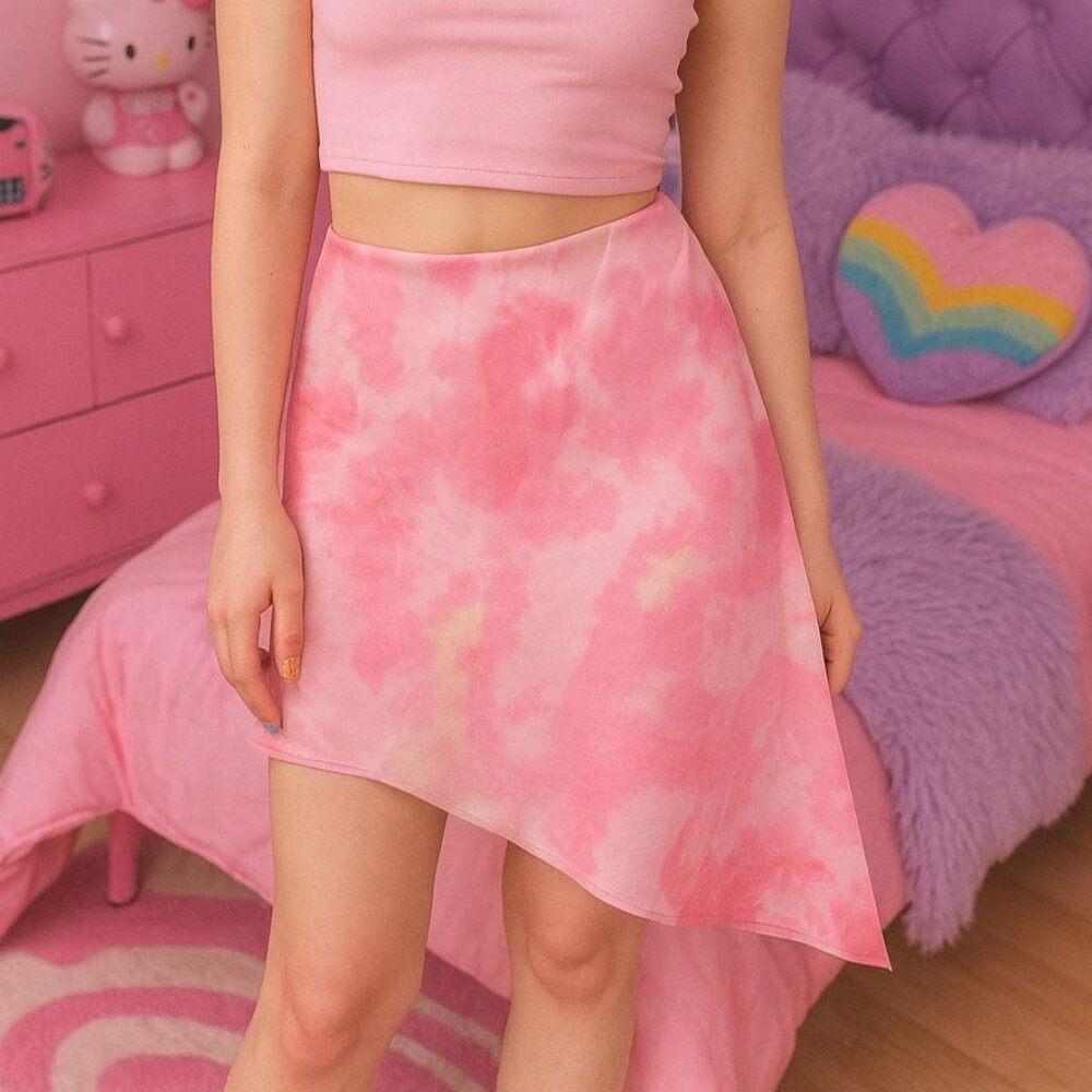 Candies Lg Y2K Skirt Asymmetrical Tie-dye Elastic Waist Knee-length Vintage Pink